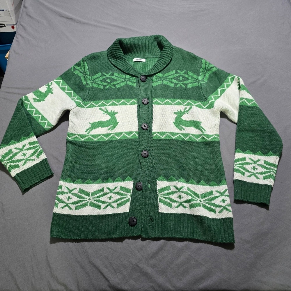 COOFANDY Cardigan Sweater Men Medium Green Reindeer Snowflake  Collar Button